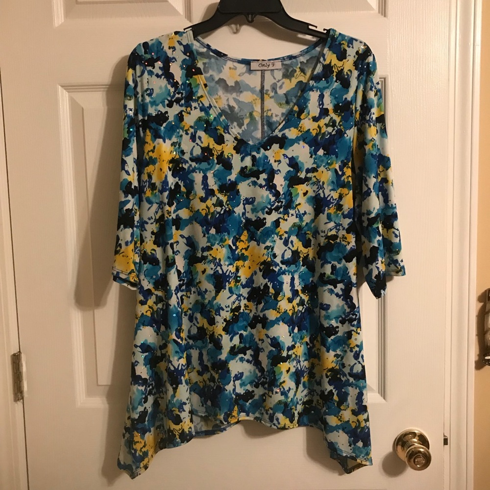 Blue & Yellow Floral Beaded Shark Bite Top